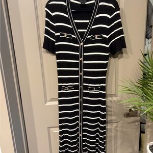 Tahari Black and White Striped Button-Front Midi Dress